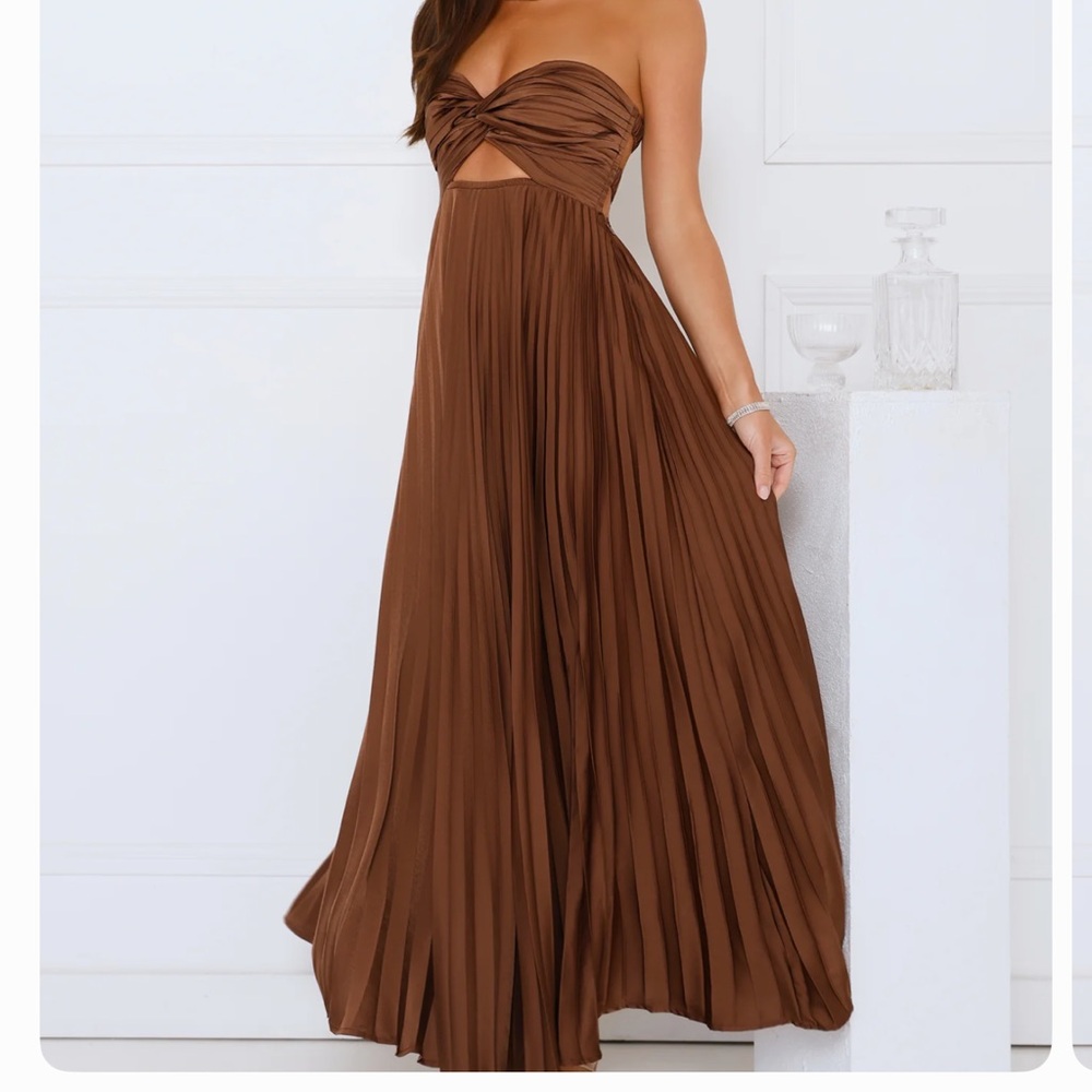 Hello Molly Strapless Brown Pleated Dress